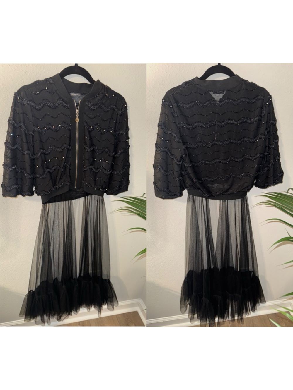 Women's Black Sequin Bomber Maxi Dress with Sheer Tulle Skirt